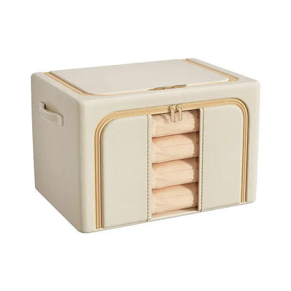 Beige storage box with wooden items on a white background