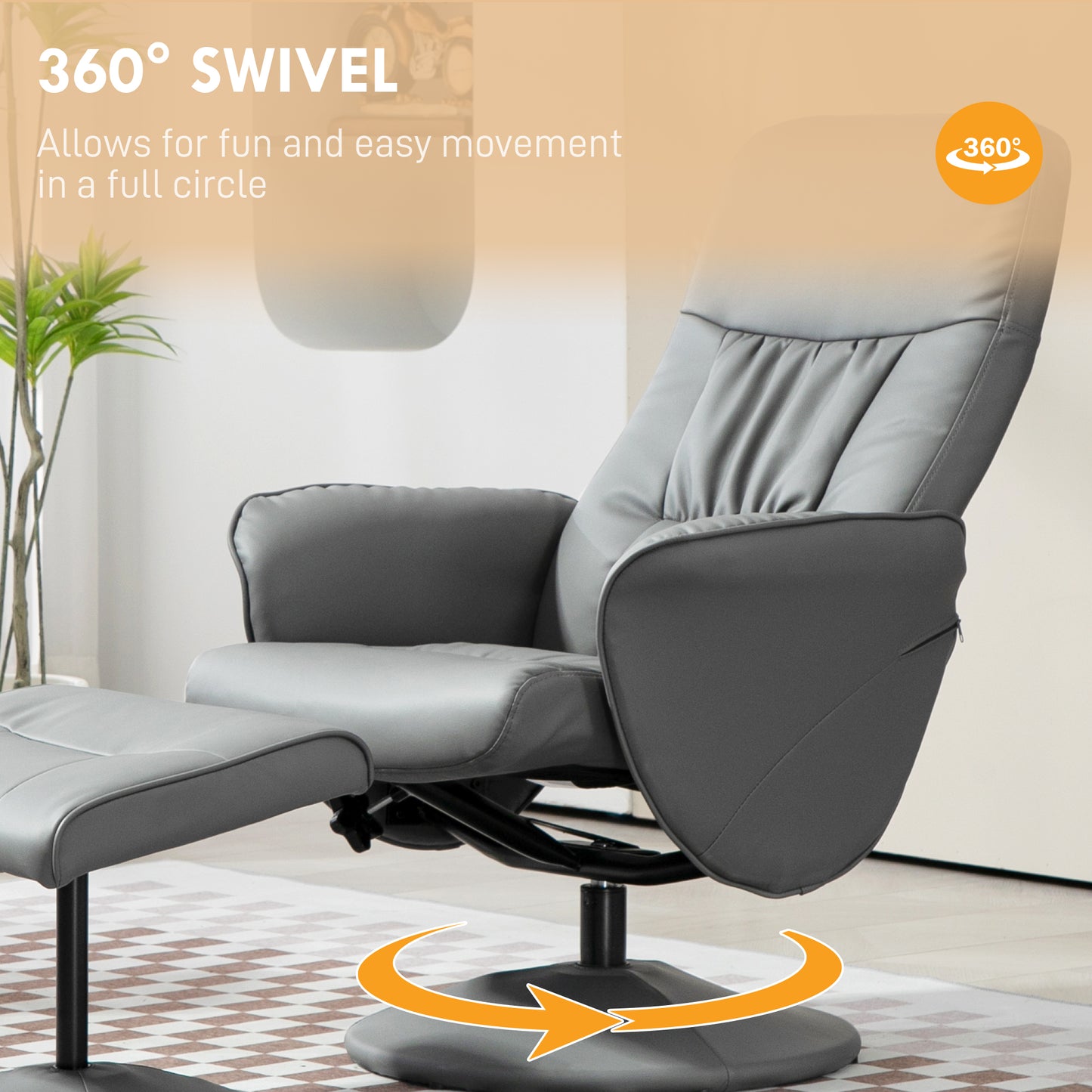 Gray recliner chair with 360-degree swivel feature in a room setting.