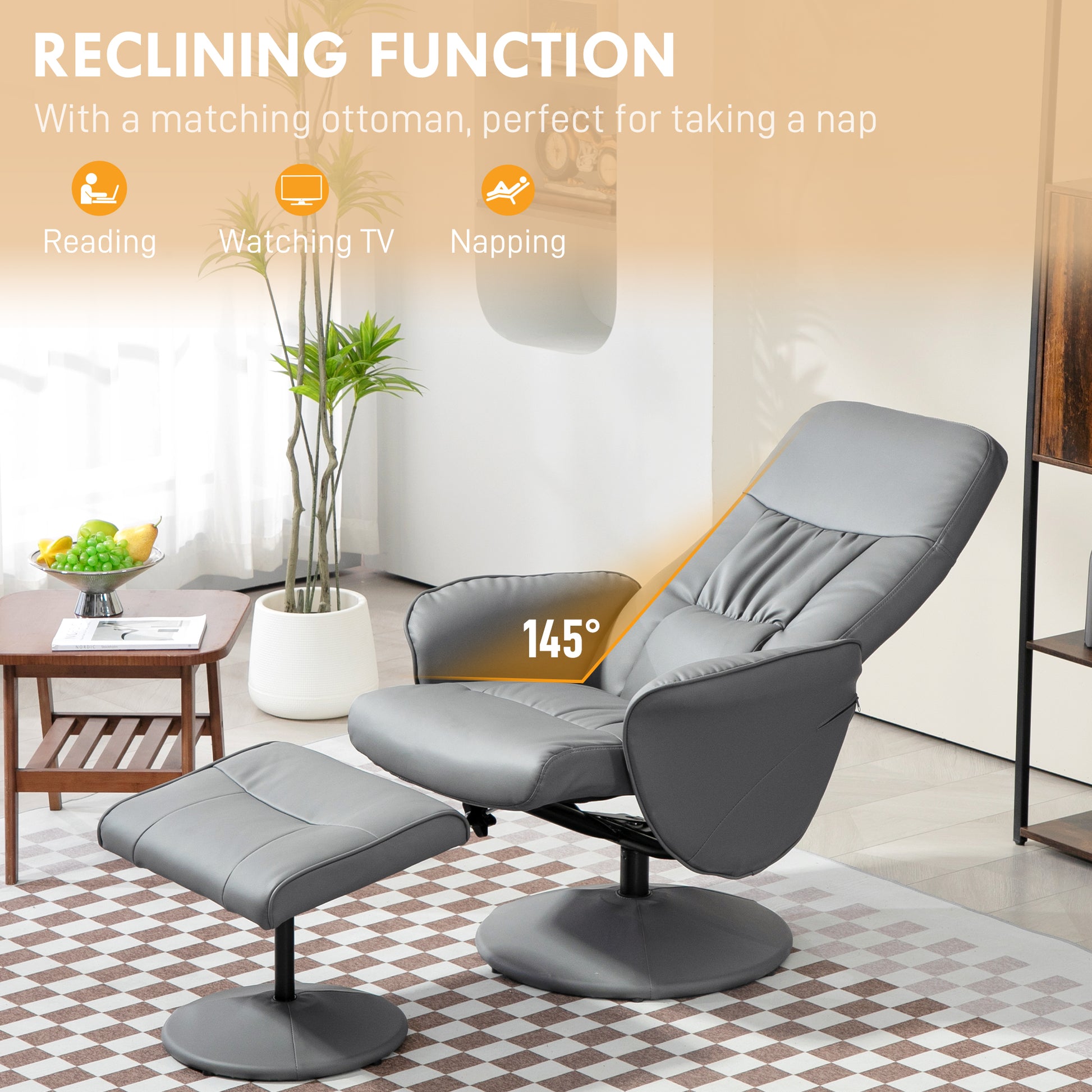 Gray recliner chair with ottoman in a living room setting, highlighting its reclining function.