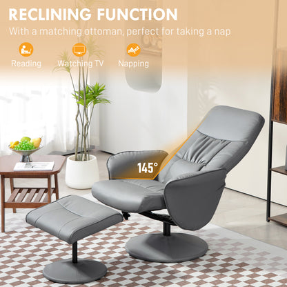 Gray recliner chair with ottoman in a living room setting, highlighting its reclining function.