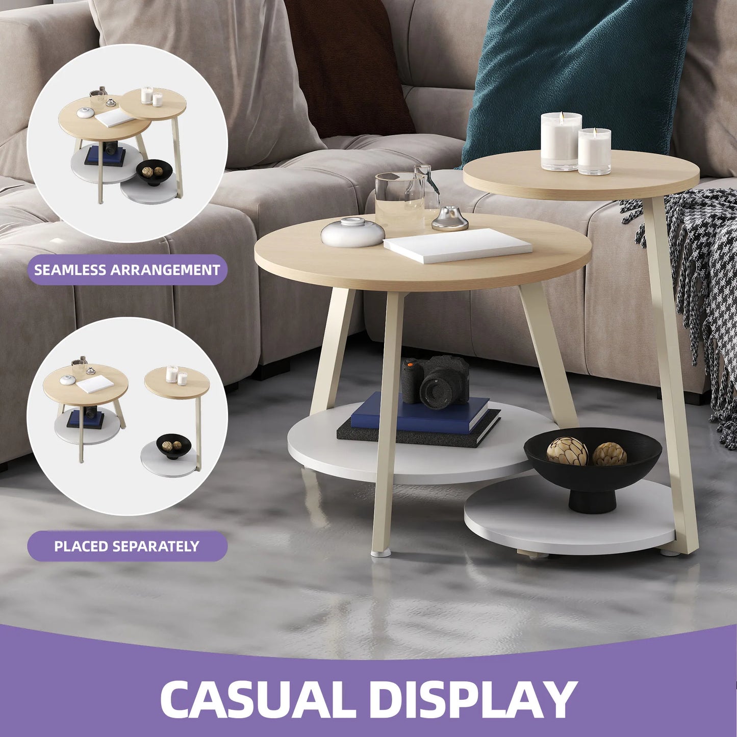 Round wooden side table with additional shelves in a living room setting, featuring 'Casual Display' text.