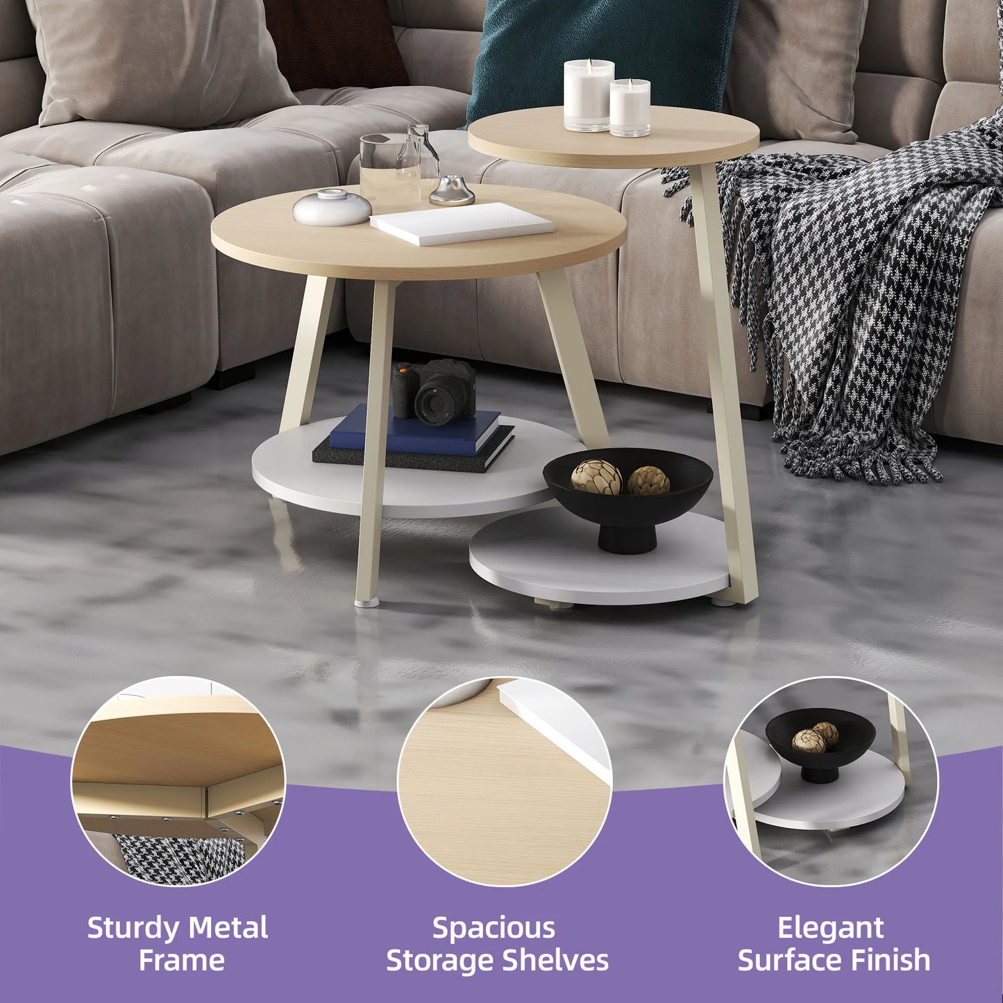 Round wooden side table with storage shelves in a living room setting.