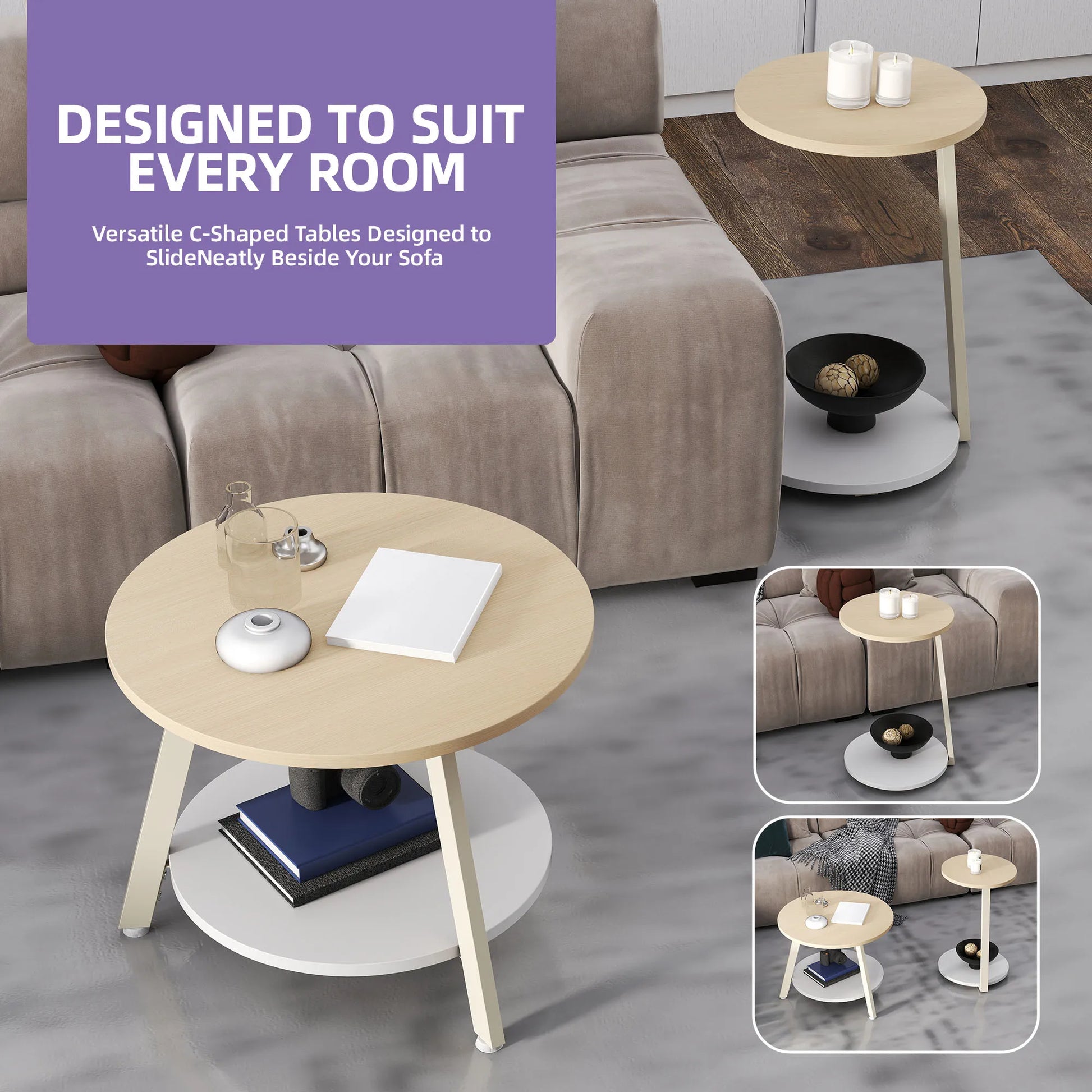 C-shaped coffee table with a sofa in a living room setting, featuring text about table design.