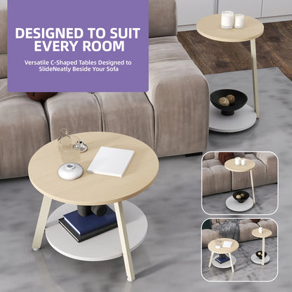 C-shaped coffee table with a sofa in a living room setting, featuring text about table design.