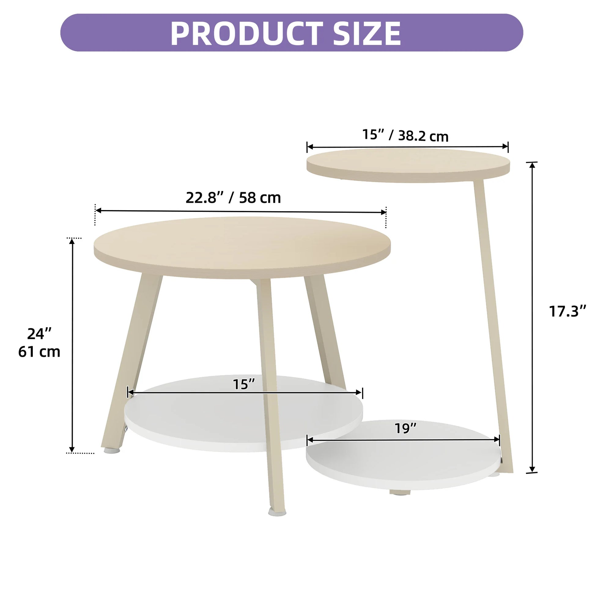 Dimensions of a round coffee table with measurements in inches and centimeters.