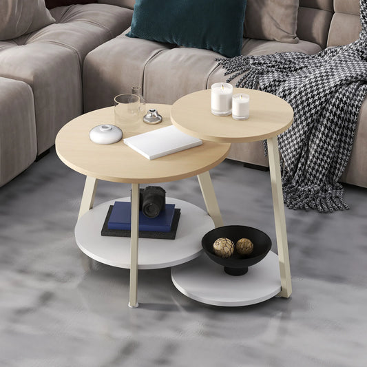 Round wooden coffee table with decorative items in a living room setting