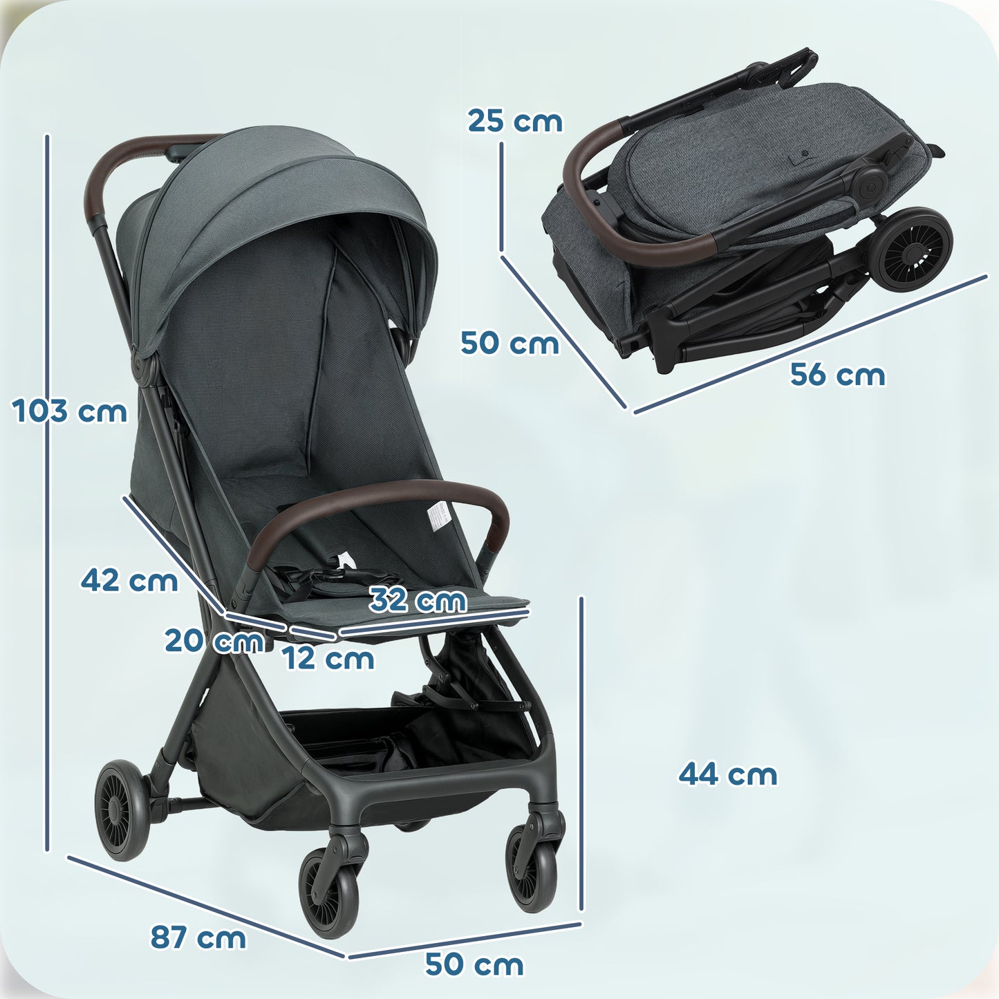 Gray stroller with measurements on a light blue background
