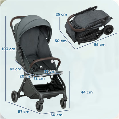 Gray stroller with measurements on a light blue background
