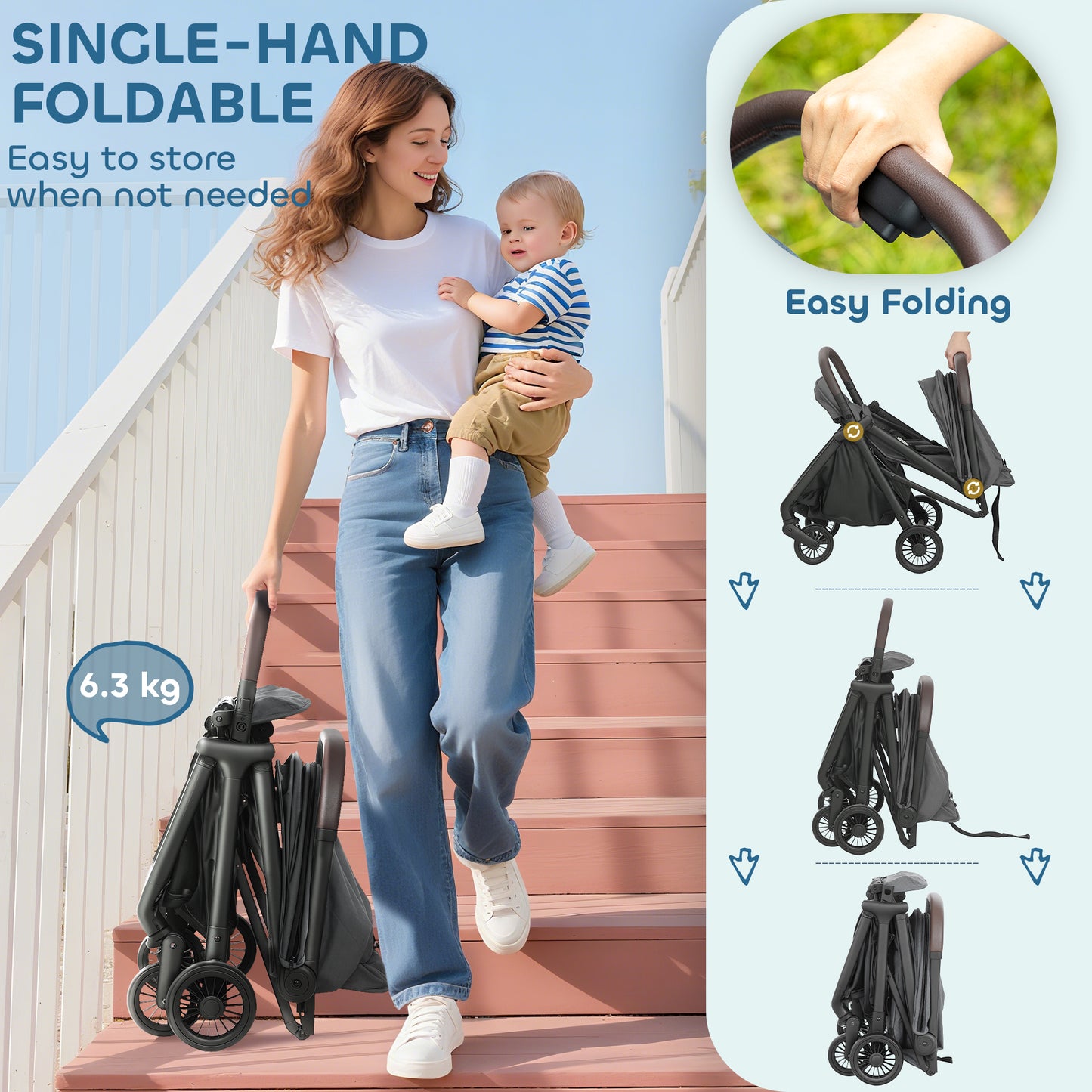 Woman holding a baby and a single-hand foldable stroller with text on an outdoor setting.