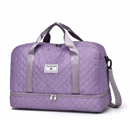 Purple travel bag with gray straps on a white background