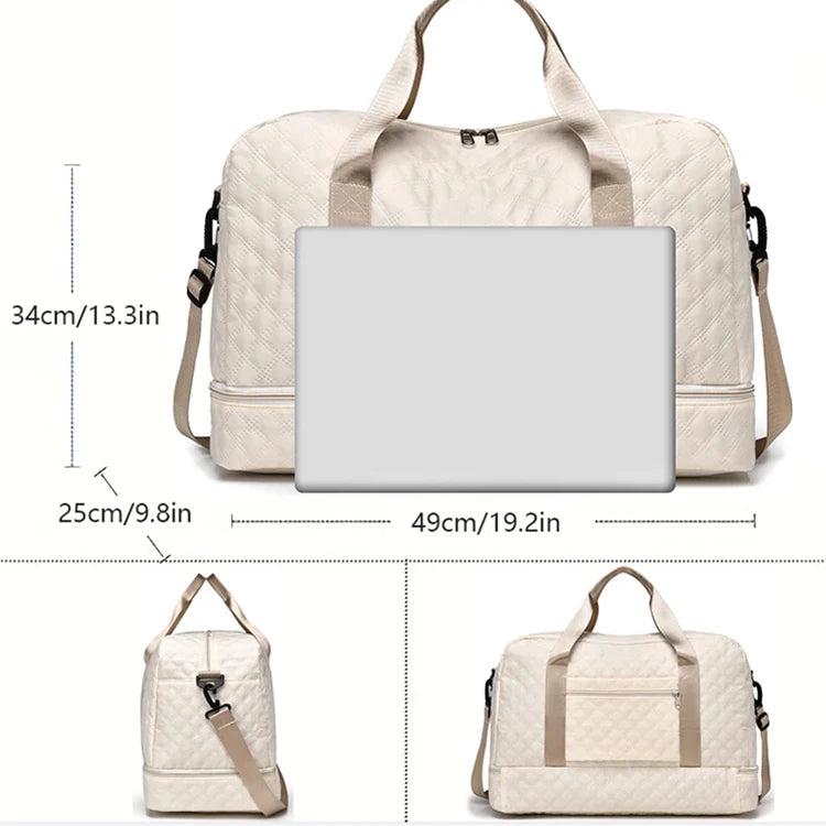 Beige travel bag with dimensions displayed on a white background