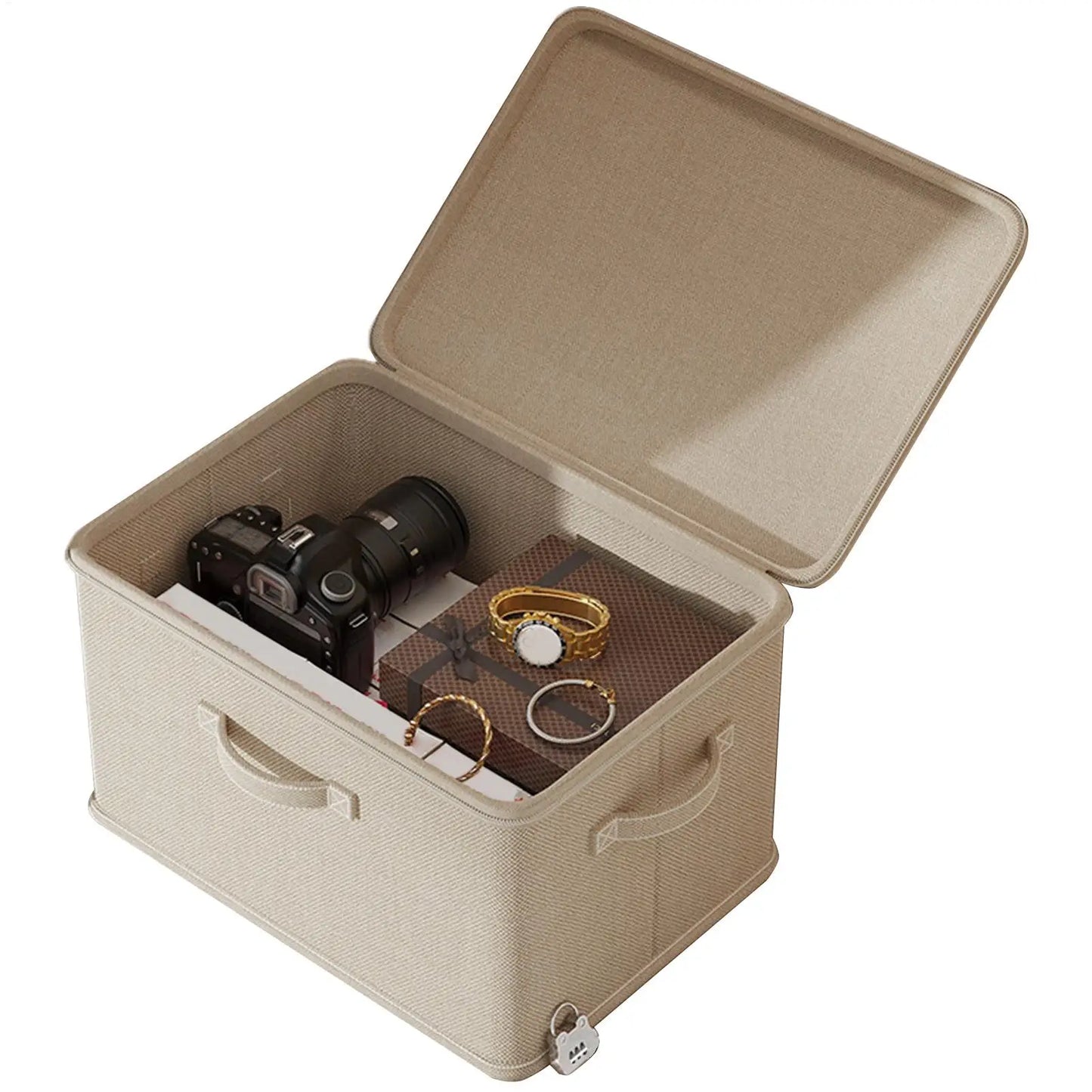 Beige storage box with a camera and jewelry inside on a white background