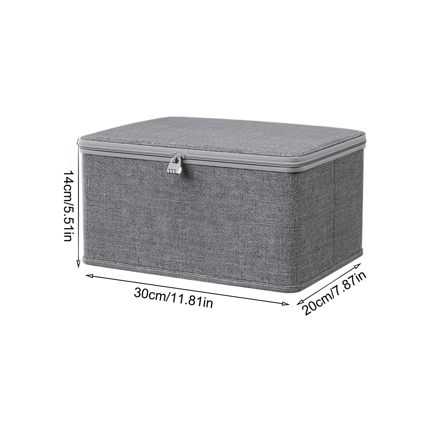 Gray storage box with dimensions indicated on a white background