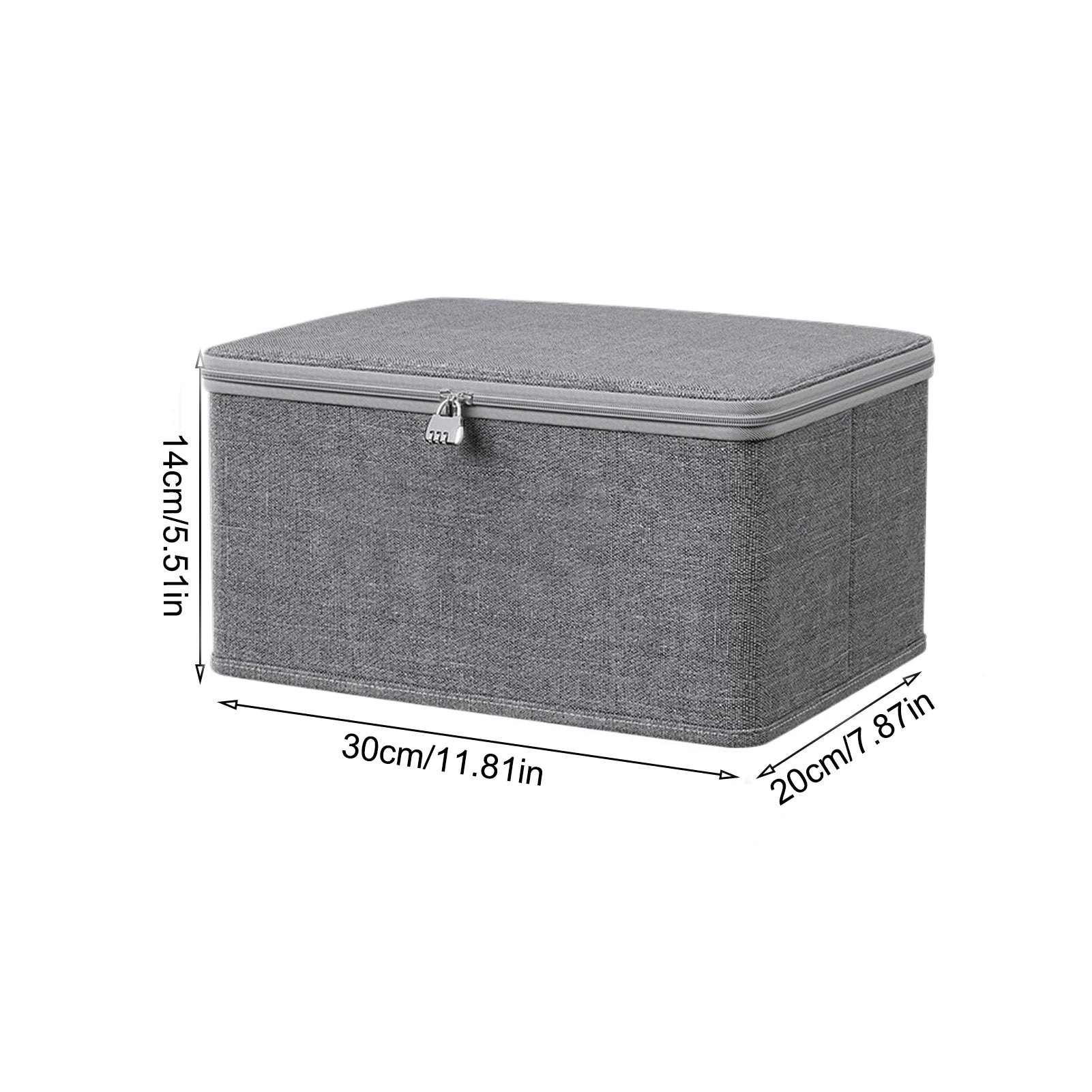 Gray storage box with dimensions indicated on a white background