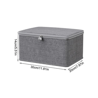Gray storage box with dimensions indicated on a white background
