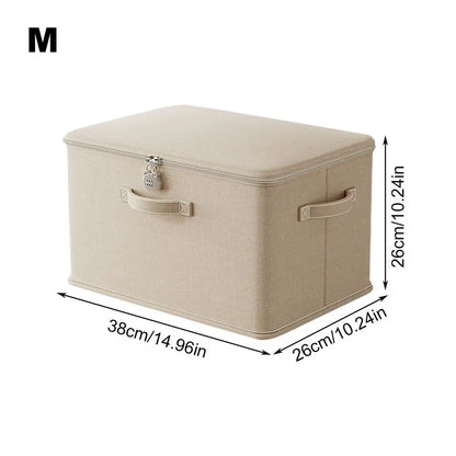 Beige storage box with dimensions labeled on a white background