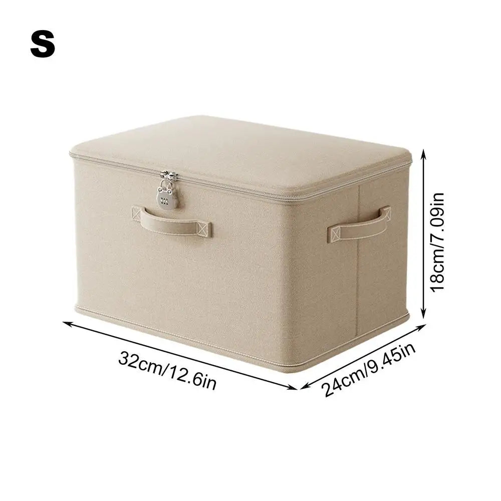 Beige storage box with dimensions on a white background