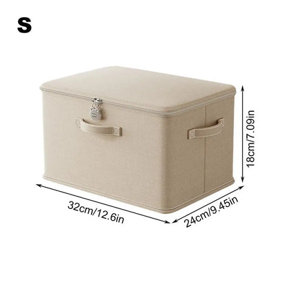 Beige storage box with dimensions on a white background