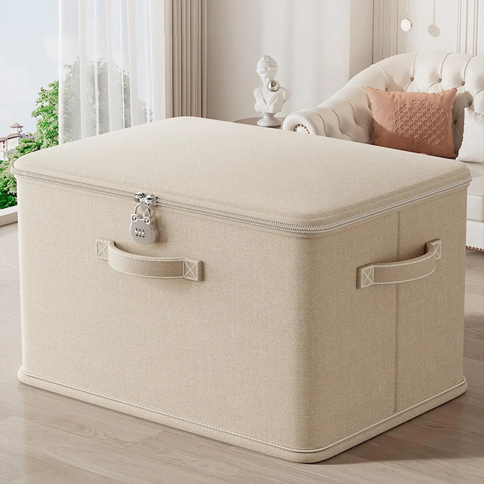 Beige storage trunk with handles on a wooden floor in a living room setting.