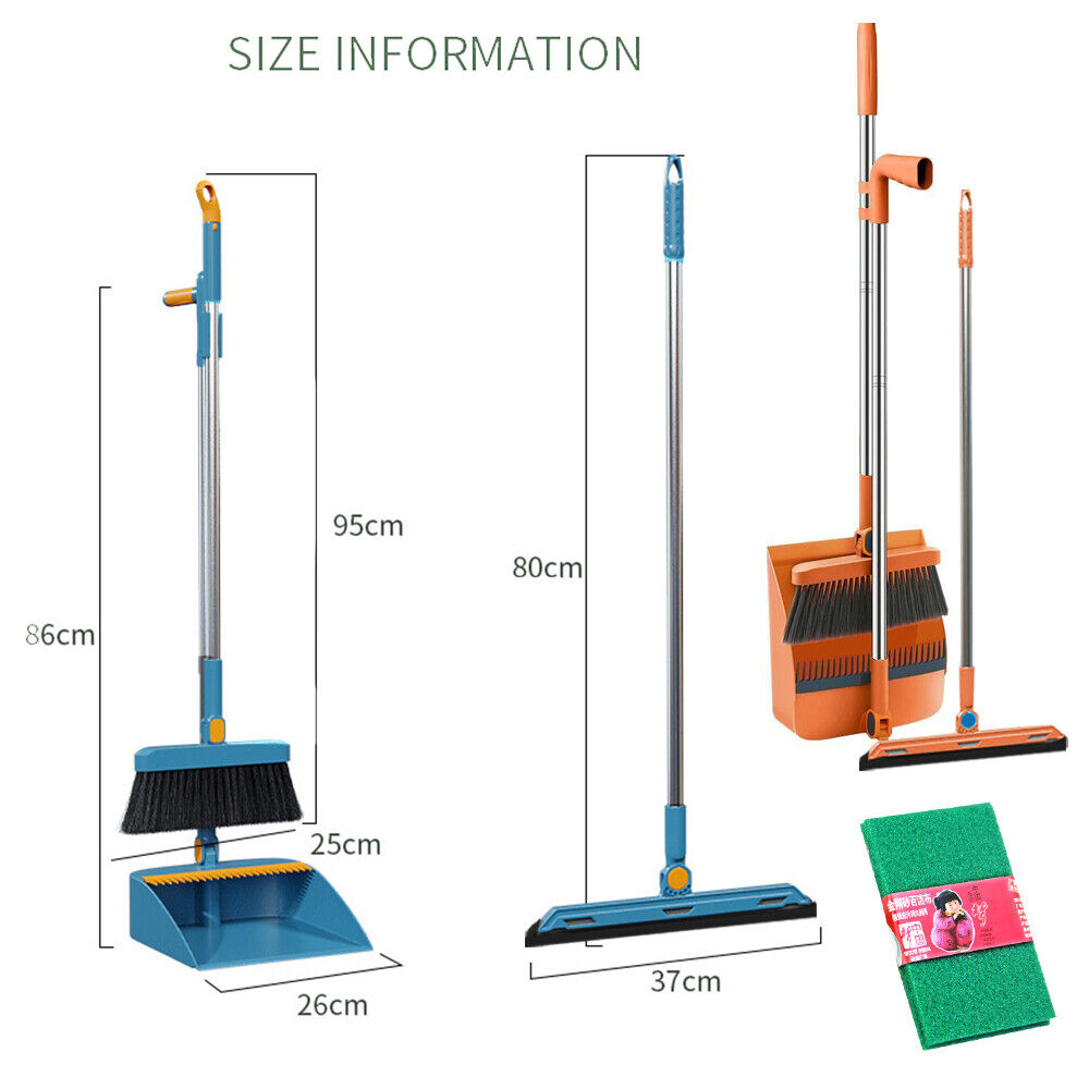 Cleaning tools including a broom, dustpan, and squeegee with size measurements on a white background.