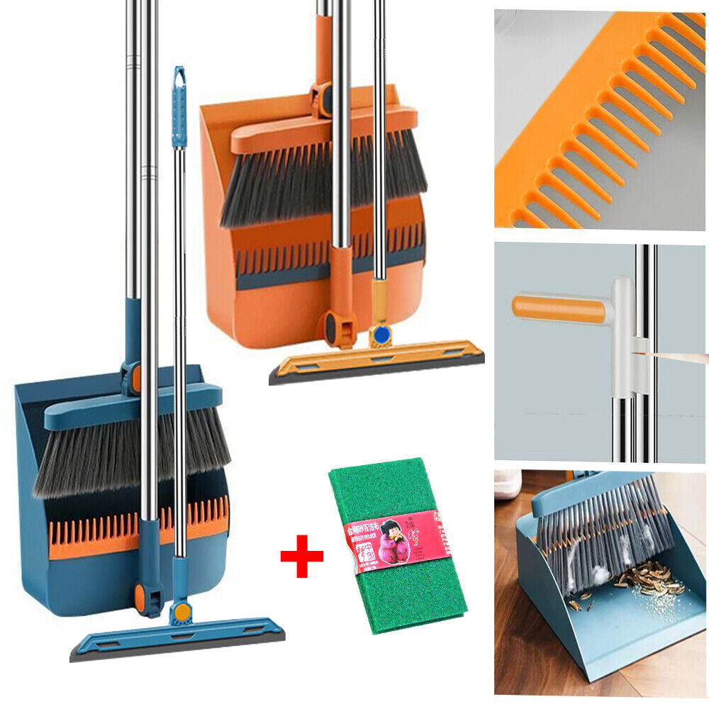 Cleaning tool set with broom, dustpan, and scrubber on a white background