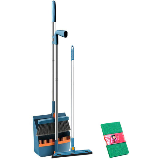 Cleaning tool set with broom, dustpan, and squeegee on a white background