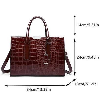 Brown textured handbag with dimensions labeled on a white background