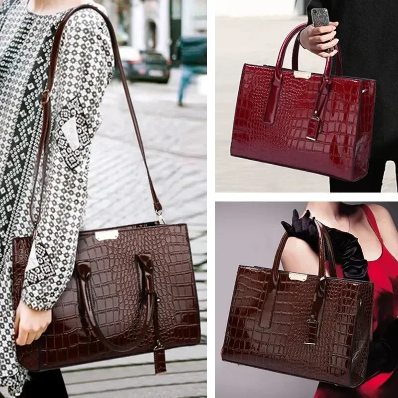 Collage of a brown crocodile-patterned handbag held by different people in various settings.