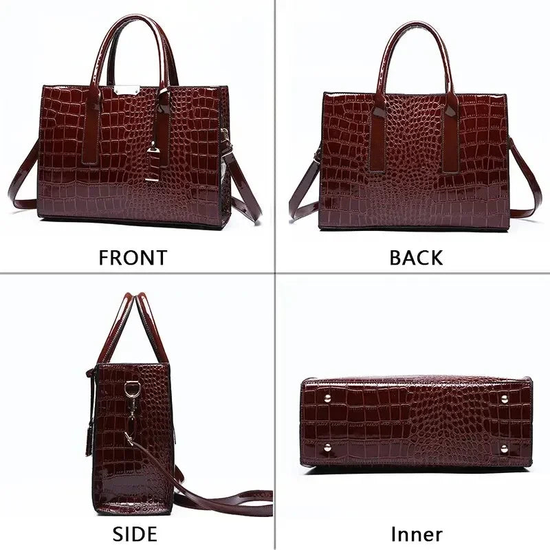 Brown crocodile-patterned handbag shown from front, back, side, and inner views.