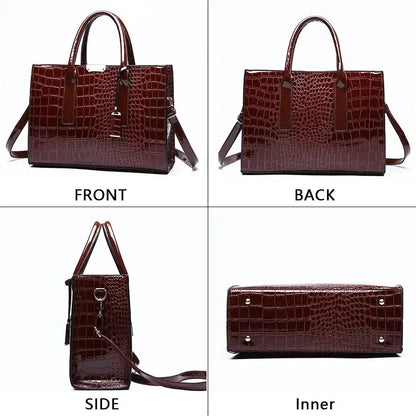 Brown crocodile-patterned handbag shown from front, back, side, and inner views.