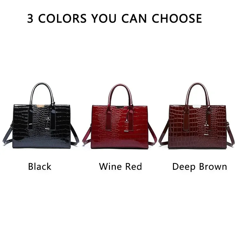 Three handbags in black, wine red, and deep brown with color options listed above.