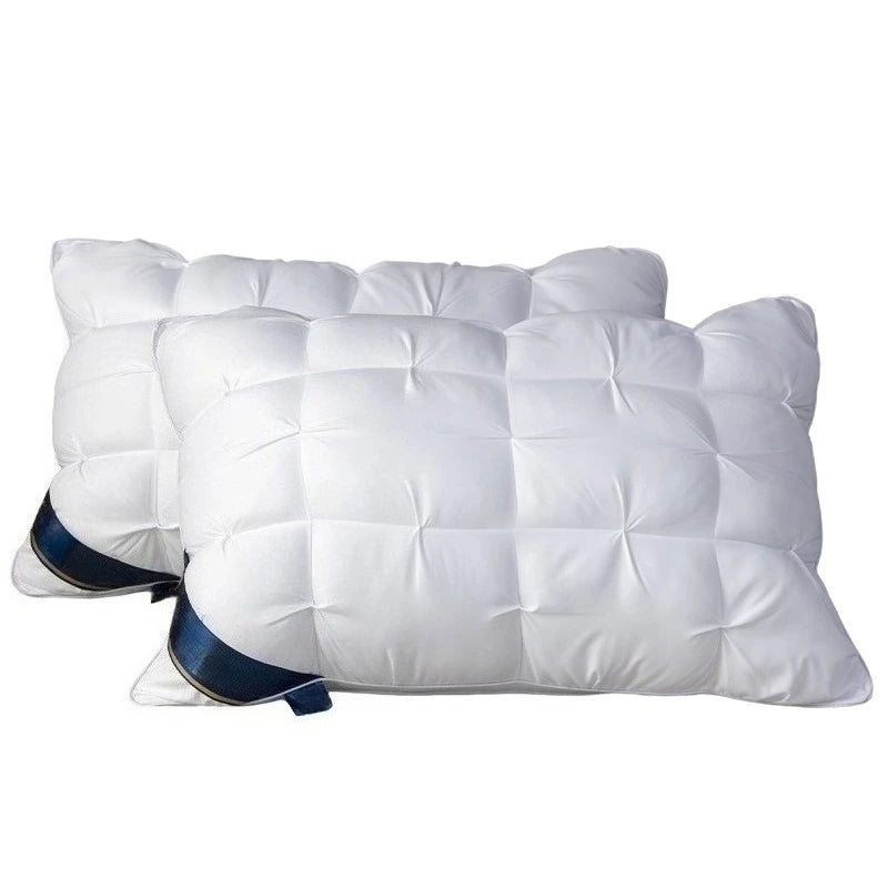 Two white pillows with a blue band on a white background