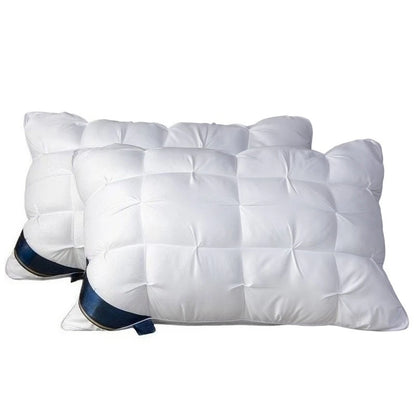 Two white pillows with a blue band on a white background