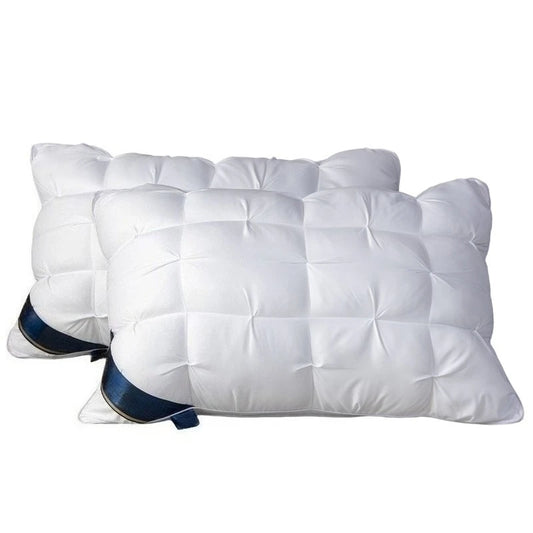 Two white pillows with a blue band on a white background