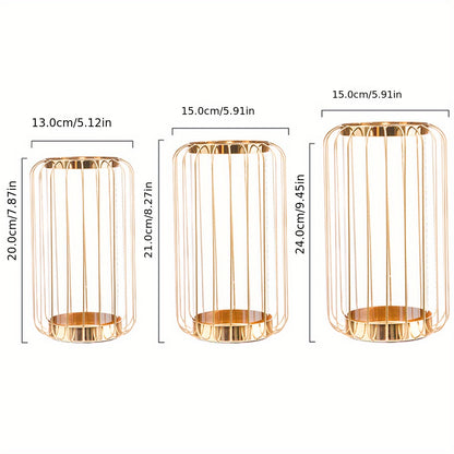 Gold cylindrical wire baskets with dimensions labeled on a white background