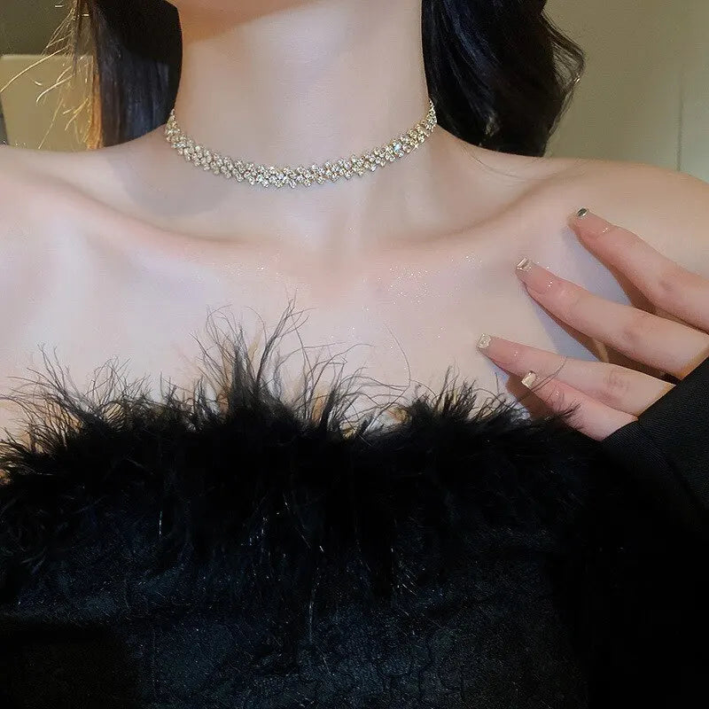 Person wearing a black feathered garment with a close-up of a necklace.