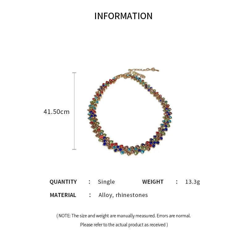 Multicolored beaded necklace with measurements and material details on a white background