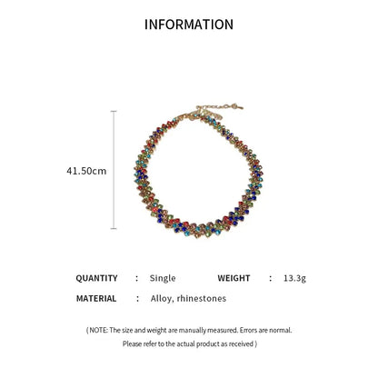 Multicolored beaded necklace with measurements and material details on a white background