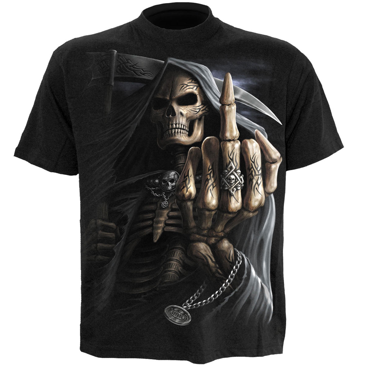 Bone Finger T-Shirt Black Grim Reaper Skeleton Graphic 100% Cotton Tee Shirt