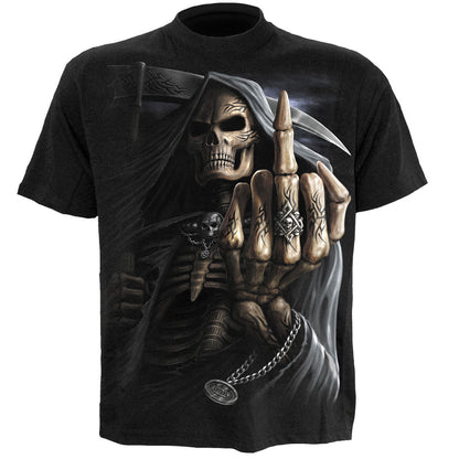 Bone Finger T-Shirt Black Grim Reaper Skeleton Graphic 100% Cotton Tee Shirt