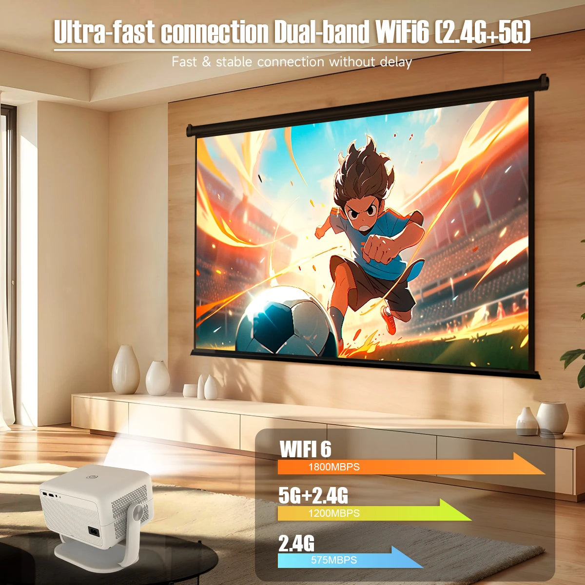 Projector displaying an animated character on a screen with WiFi 6 connectivity features.