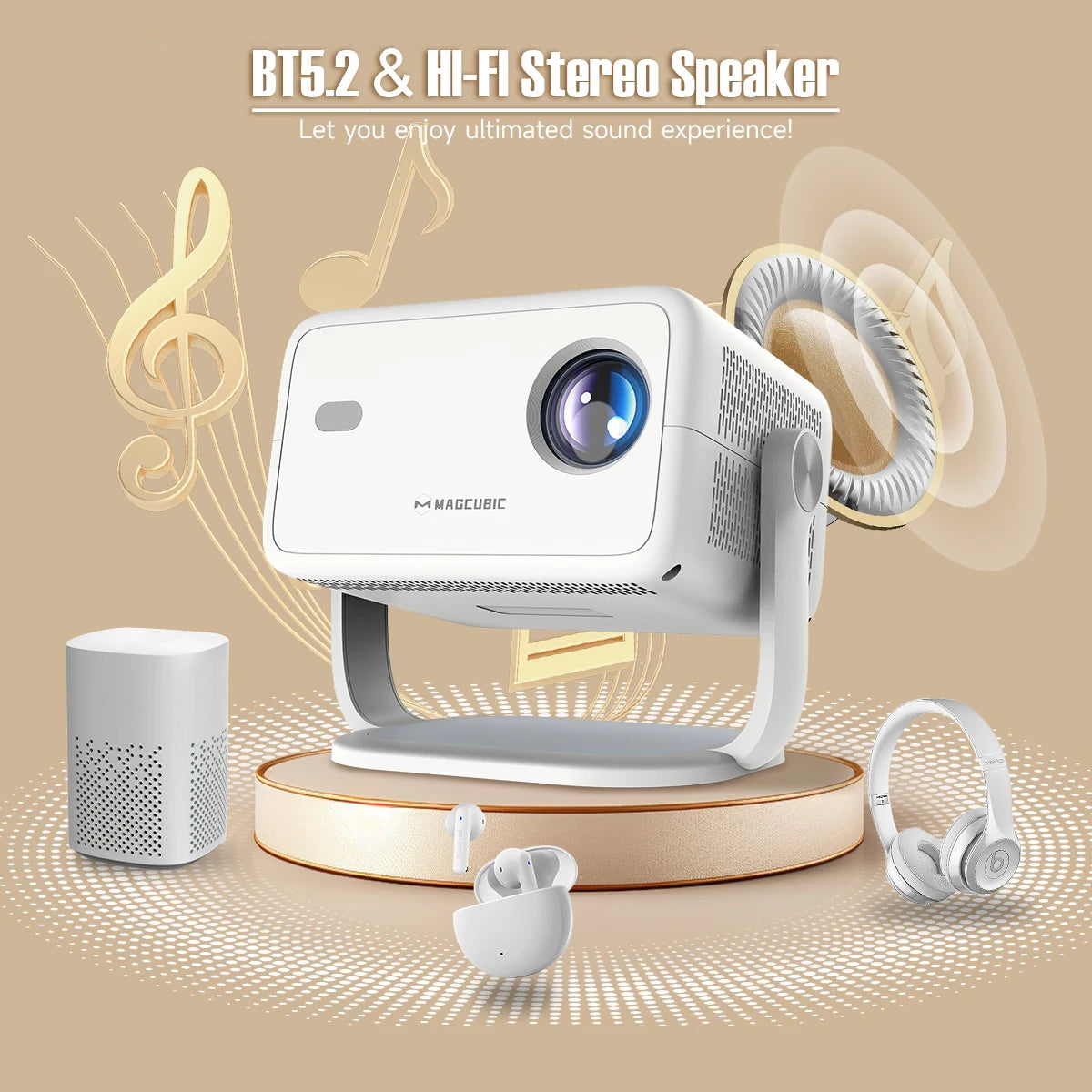 White stereo speaker with wireless earbuds and headphones on a beige background