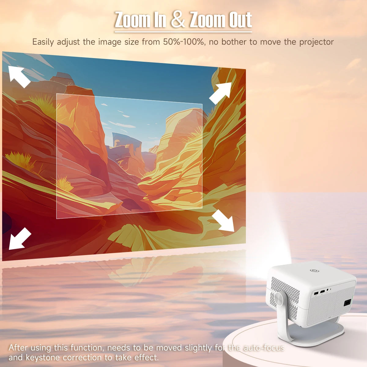 Projector displaying a desert landscape on a screen with zoom controls shown.