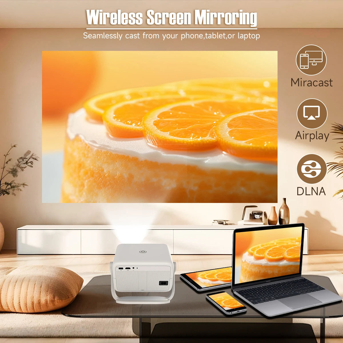 Wireless screen mirroring setup with a TV, laptop, and smartphone displaying a cake with orange slices.