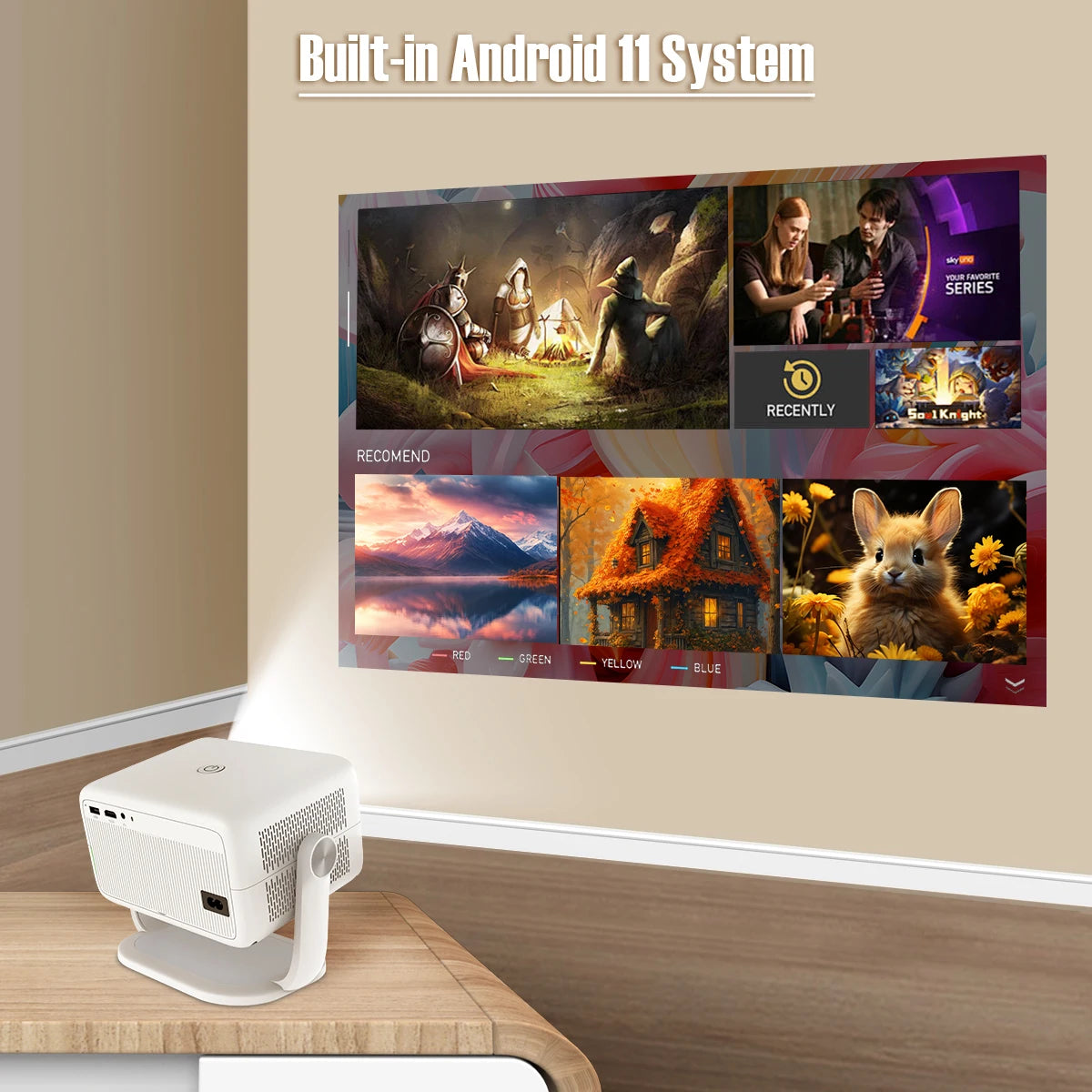 Projector displaying a colorful screen with various images on a wall, with 'Built-in Android 11 System' text above.