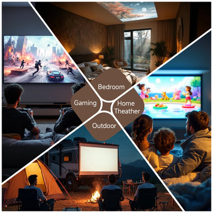 Collage of people enjoying movies or games on various screens in different settings.