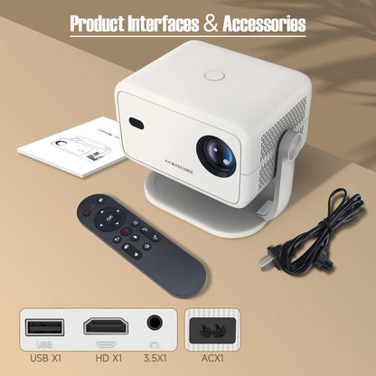 White projector with remote control, cable, and specifications on a beige background