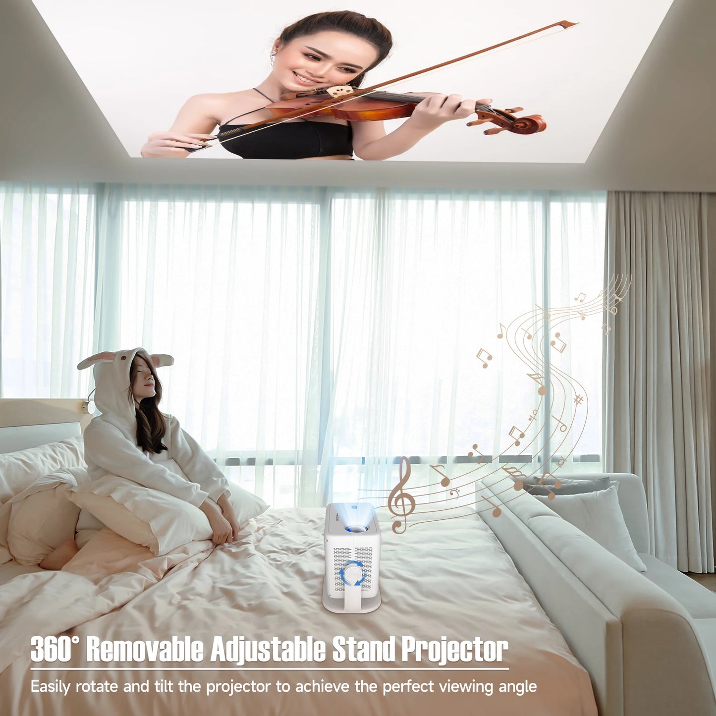 Woman playing violin on a ceiling with a projector on a bed below, in a bedroom setting.