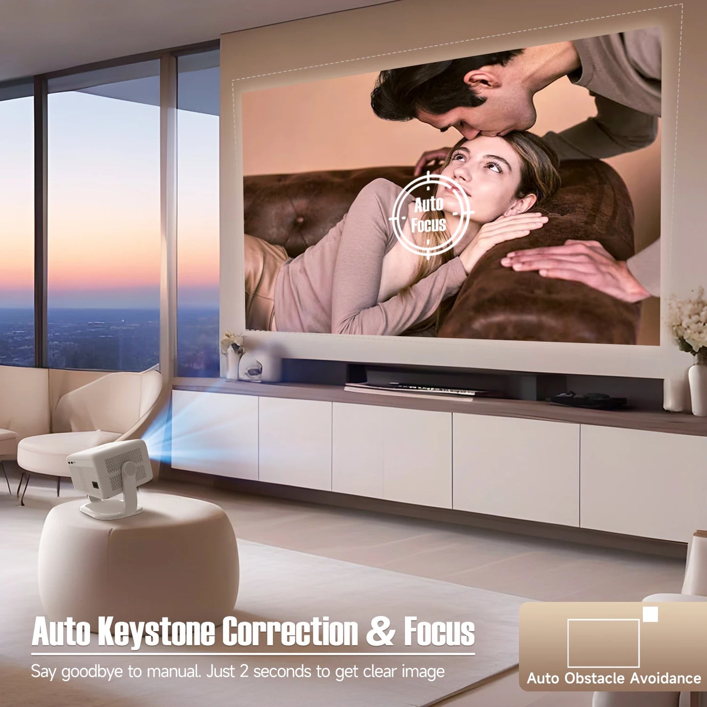Living room with a large screen displaying a couple, featuring auto keystone correction and focus technology.