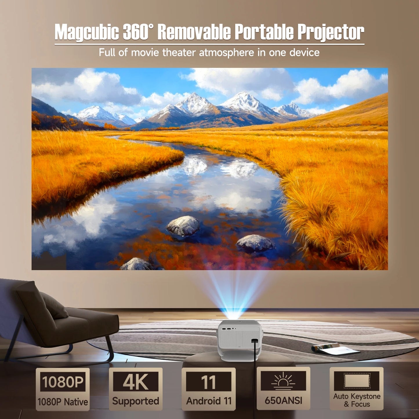 Portable projector displaying a scenic landscape with mountains and a river, surrounded by home theater setup elements.